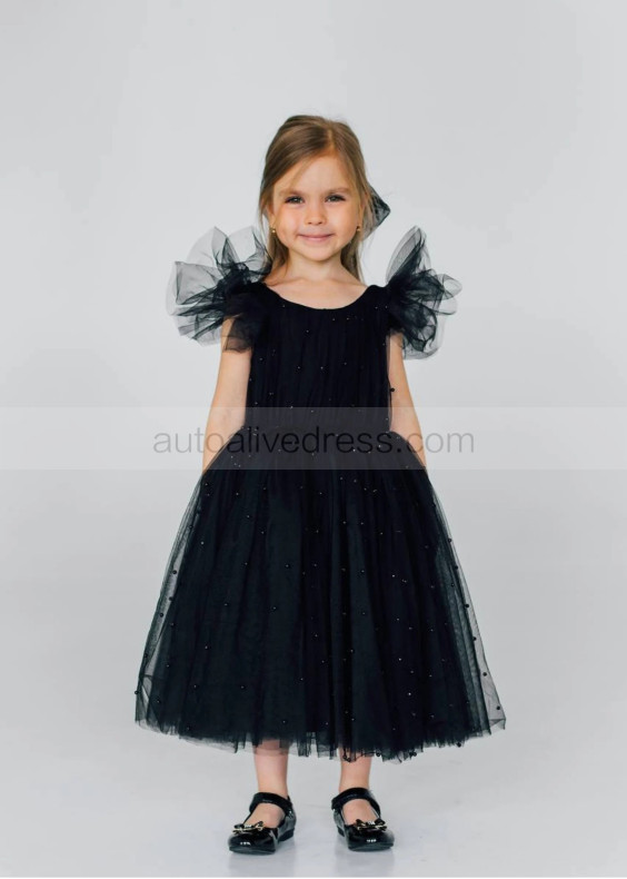 Black Pearls Tulle Open Back Flower Girl Dress